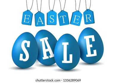 Easter egg text sale. Happy Easter eggs 3D template isolated on white background. Design banner, greeting poster, promotion, holiday decoration, special offer. Label tag discount Vector illustration