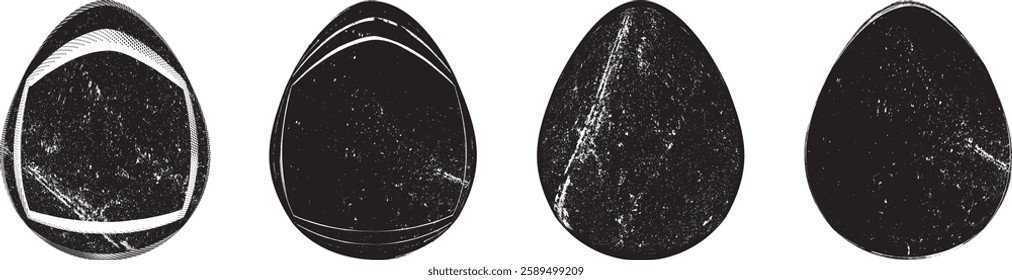 Easter egg texture collection.Distressed Oval Post Stamp . Geometrical decorated Easter egg. Sprayed, noised, speckled, textured, transparent oval collection. Vector Illustration . Egg texture set.
