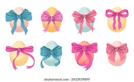 Easter egg tied with bows. Cute painted eggs with ribbons, traditional Easter treat flat vector illustration set. Spring holidays decorative eggs