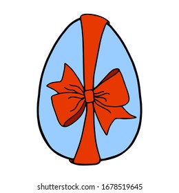 An Easter egg tied with a ribbon.A green egg with a red bow.Flat illustration.Picture for the holiday of bright Easter.Suitable for postcards, decor, textiles.Vector illustration