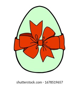 An Easter egg tied with a ribbon.A green egg with a red bow.Flat illustration.Picture for the holiday of bright Easter.Suitable for postcards, decor, textiles.Vector illustration