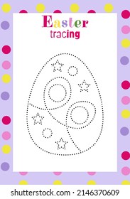 Hoja de trabajo de seguimiento de óvulos de Pascua para niños práctica de escritura a mano. Página de actividad de vacaciones. Juego educativo infantil. Página Colorante. Adecuado para uso con niños en preescolar, guardería. Vector