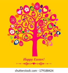Easter egg tree. Greeting card. Celebration background with eggs, flowers, heart and place for your text. Vector Illustration