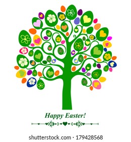Easter egg tree. Greeting card. Celebration background with  green egg tree, flowers, heart and place for your text. Vector Illustration 