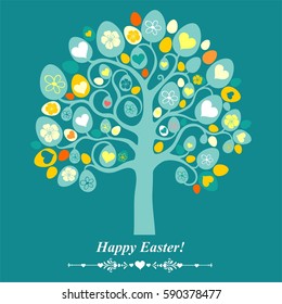 Easter egg tree. Greeting card. Celebration  background with green egg tree, flowers, heart and place for your text. Vector Illustration