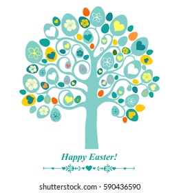 Easter egg tree. Greeting card. Celebration background with green egg tree, flowers, heart and place for your text. Vector Illustration
