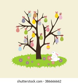 Easter Egg Tree. Rabbit, bunny. Flower. Vector illustration