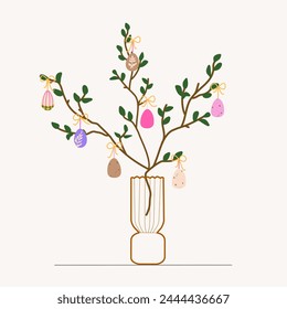 Easter egg tree - vector isolated illustration. Spring centerpiece decorated with Easter eggs and bows. Hand drawn design for prints, poster, card, stickers