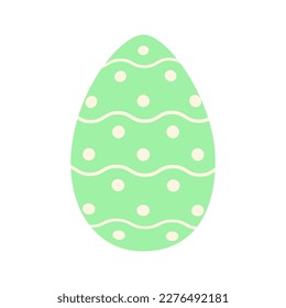 Easter egg in trendy green with a simple pattern of wavy lines and dots. Happy Easter. Sticker. Icon