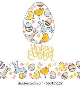 Osterei mit Tulpen und Narzissen. endlose Muster-Bürste mit Eiern, Vögeln, Kaninchen und Blumen
