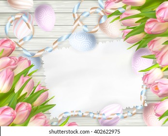 Easter egg, tulips and empty vintage card for your text. EPS 10 vector file included