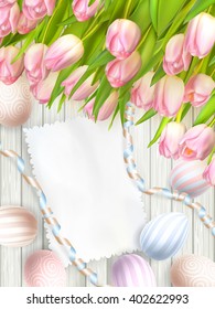 Easter egg, tulips and empty vintage card for your text. EPS 10 vector file included