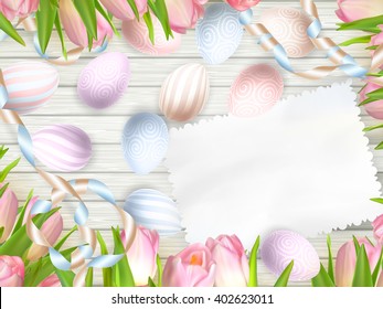 Easter egg, tulips and empty vintage card for your text. EPS 10 vector file included