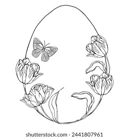Fondo de la flor de los tulipanes del huevo de Pascua, elementos florales dibujados a mano para las vacaciones de primavera. Composiciones de arte en blanco y negro para colorear la página. Ilustraciones vectoriales para tarjetas o invitaciones.