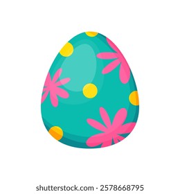 Easter egg turquoise color vector, single element. With floral and polka dots print Happy Easter! Stock image isolated on white background. In cartoon style. 