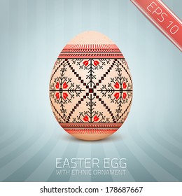 The Easter egg with an Ukrainian folk pattern ornament. Isolated vector realistic yellow egg.