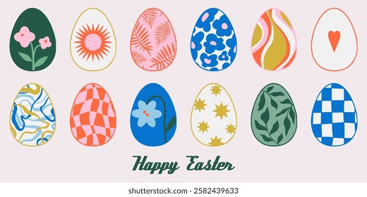 Easter egg vector card, banner, flyer. Modern abstract hand drawn doodles. Happy Easter trendy flat illustration. Cute florals, stars, geometric ornament. Spring design. April party decoration set