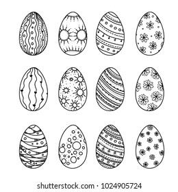 Easter egg vector collection in doodle style. Hand drawn illustration. Banner hand drawn black on white painted eggs background with flowers, sun, waves and stripes.