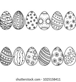 Easter egg vector collection in doodle style. Hand drawn illustration. Banner hand drawn black on white painted eggs background with flowers, sun, waves and stripes.