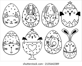 Easter egg vector doodle set. Sketch graphics. Happy Easter line illustration. Outline chocolate eggs with cute background. Spring design. April party decoration.