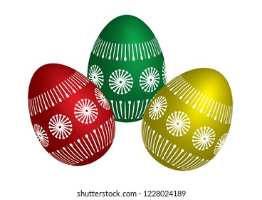 Easter Egg Vector, Happy Easter.Set of Easter eggs with different texture on a white background.Spring holiday. Vector Illustration.  red, green, yellow color