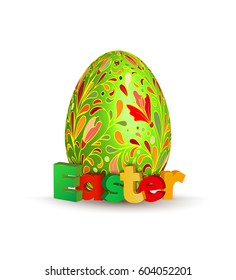 Easter egg, vector icon. Egg with hand draw colorful doodle on green pattern and varicolored 3d lettering Easter. Template for greeting card, banner, invitation etc.