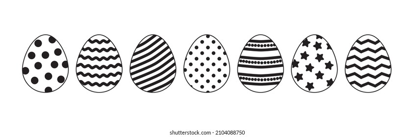 Easter egg vector icon line art, black outline set, holiday cartoon eggs different shapes simple contour isolated on white bckground. Graphic drawing illustration