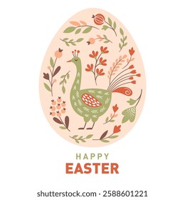 Easter egg, vector illustration with cute chick and flowers