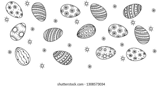 Easter egg vector  illustration in doodle style. Spring holiday Banner hand drawn black on white painted eggs background with flowers, sun, waves and stripes.