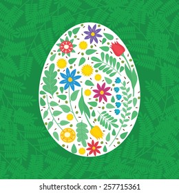 Easter Egg - Vector Illustration.
Flowers and leaves in the form of an egg on a plant background.