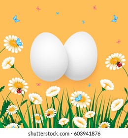 Easter egg vector illustration. Isolated group of eggs with flowers, grass, ladybug and butterfly on orange
