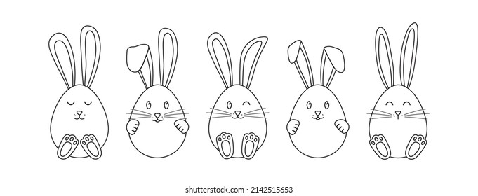 Easter egg vector line icon, ear and paw of bunny. Cute rabbit face, black outline cartoon animal character isolated on white background. Holiday simple illustration