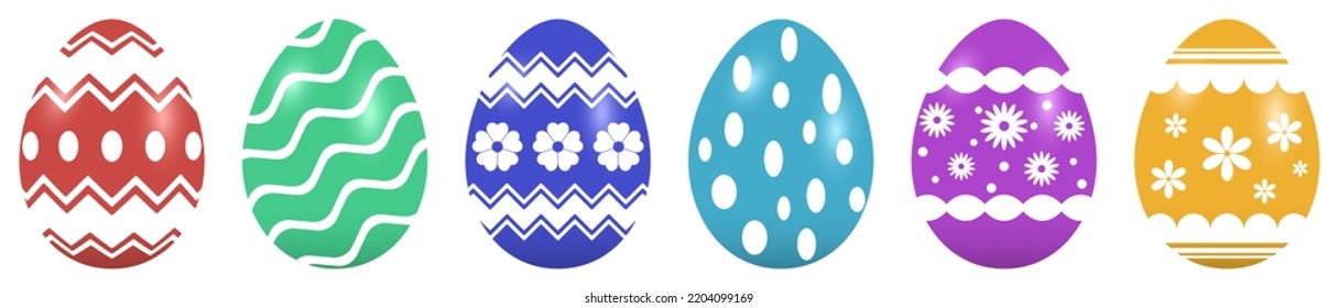 Easter Egg vector set. Colored eggs with different pattern on white isolated background.
Six Happy Easter eggs in red, green, blue, cyan, magenta, yellow.