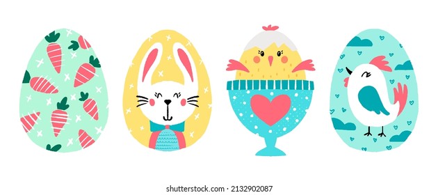 Easter egg vector set. Rabbit, bunny, cat, chicken graphics. Happy Easter cartoon illustration. Bright chocolate eggs with cute background. Spring design. April party decoration.