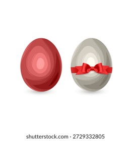 Osterei mit einem lebendigen roten Seidenband, das in eine voluminöse, detaillierte Schleife in der Mitte gebunden ist. Elegantes und minimalistisches Urlaubssymbol einzeln auf weißem Hintergrund, perfekt für Ostergrußkarten, saisonale Frühlingsaktionen, luxuriöses Geschenkverpackungsdesign