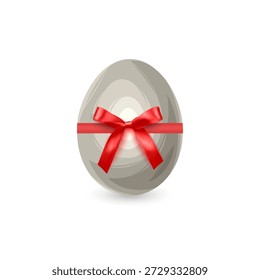 Huevo de Pascua con una vibrante cinta de seda roja atada en un lazo voluminoso y detallado en el centro. Símbolo de vacaciones elegante y minimalista aislado en un fondo blanco, perfecto para tarjetas de felicitación de Pascua, promociones de primavera estacionales, diseño de empaquetado de regalo de lujo