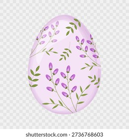 Easter egg  with watercolour texture isolated on transparent background. Happy Easter. Purple Egg with  flowers. Spring icon. Flat design. Elegant Easter egg. Decorative element for Easter. Vector illustration.