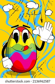 Easter Egg with waving hand. Cartoon character with funny face for the Easter holiday.