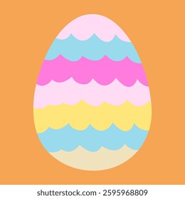 Easter egg with wavy stripes in pastel colors pink, blue, yellow on a light orange background