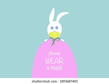 Easter egg and white bunny rabbit Wear a protective medical mask against covid-19. Coronavirus alert for Happy Easter card, banner, invitation, poster, stay home. Vector isolated on blue background