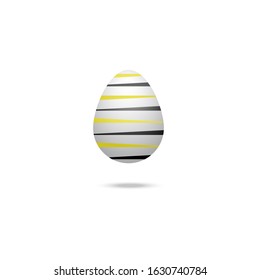 Easter egg. White chicken egg. Ornament in the form of black and yellow stripes. Cast a shadow. Colored vector illustration. Isolated background. Flat style. Festive print. Idea for web design.