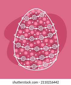 Easter egg. White outline of a decorative Easter egg decorated with a floral ornament on a pink background. Flat vector illustration on easter theme.
