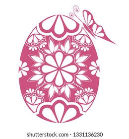 Easter egg with white vector patterns in the style of folk art.