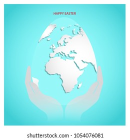 Easter egg with white world map in numan hands. Planet Earth in form of egg on sky blue background with greeting text Happy Easter in red color. 3d vector illustration.