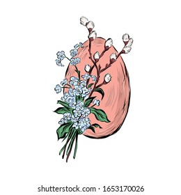 Easter egg with willow branch and flowers.