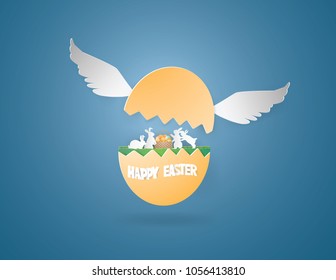 EASTER egg with wing flying on blue background ,vector and illustration.