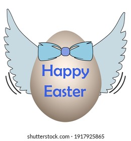 Easter egg with wings and bow.  Happy easter.  Comic style 