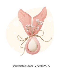 Huevo de Pascua envuelto como orejas de conejo con cinta y flores