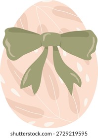 Huevo de Pascua envuelto con un lazo de cinta y un sutil patrón de hojas, Formas limpias y sombreado suave. Símbolo de celebración, regalo y alegría primaveral. Ilustración vectorial de dibujos animados.