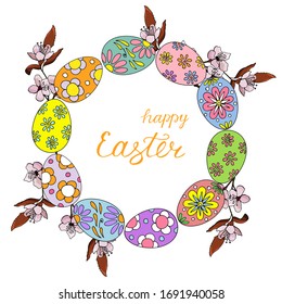 Easter Egg Wreath, Flowering Cherry Twigs and Happy Easter Lettering. Cartoon style. Stock Illustration. White background, isolate.